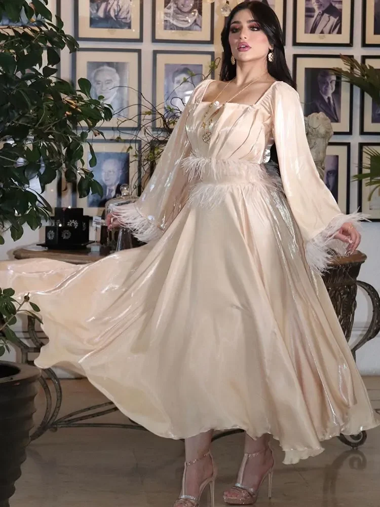 

Feather Kaftan Arabic Evening Long Dress Women Shiny Satin Eid Muslim Party Dresses Gulf Jalabiya Dubai Turkish Abayas Wedding