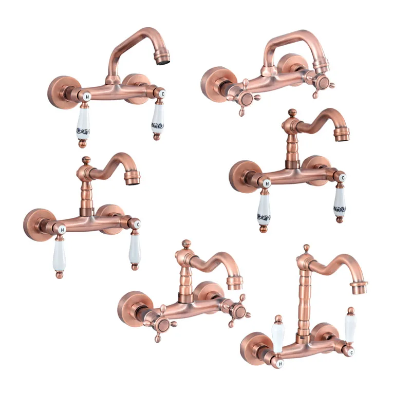 

Antique Red Copper Brass Bathroom Kitchen Sink Basin Faucet Mixer Tap Swivel Spout Wall Mounted Dual Handles Levers mzh025
