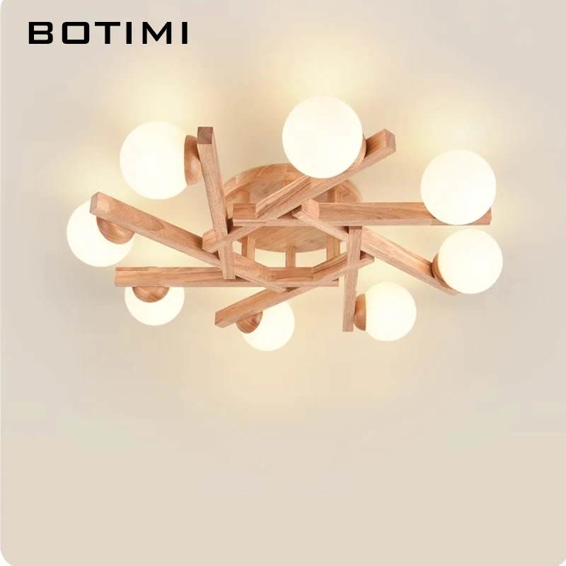 

BOTIMI Solid Wood Chandelier With Round Glass Lampshades For living Room Modern Wooden Bedroom Lustres Dining Lights Bedroom