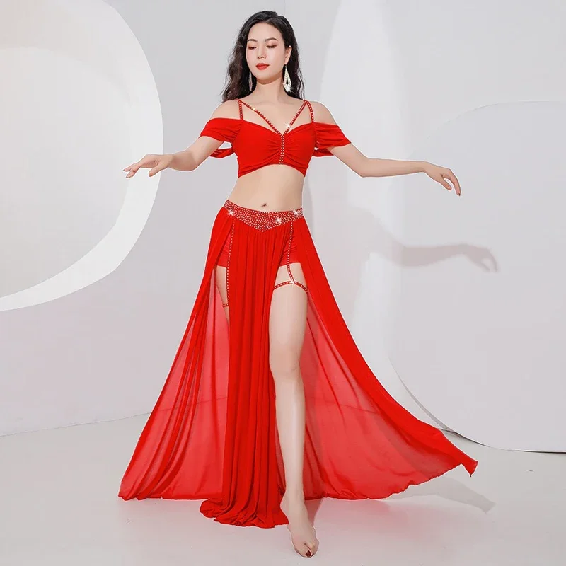 

Belly Dance Suit Sling Top Off Shoulder Sleeves Split Skirt Practice Clothes Aldult Women Dancing Performance Clothing