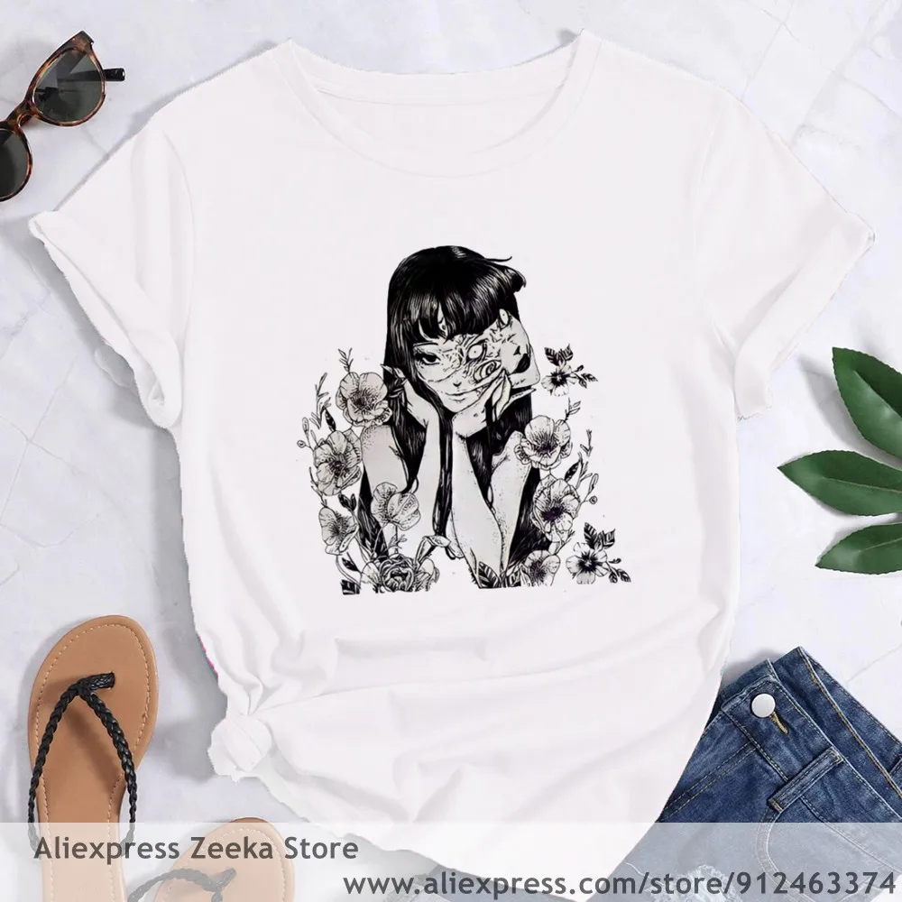 

Junji Ito Tomie Shintaro Kago Women Funny Print Ladies T-shirt Girl Y2K Harajuku Basis O-collar White Shirt Short Sleeve Top Tee