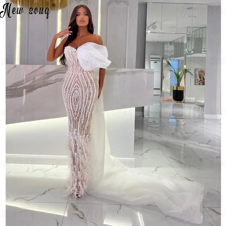 

Ivory Full Pearl Long Party Dresses With Luxury Feather Arabic Wedding Prom Dresses Beaded Formal Occasion Dresses Custom 2024