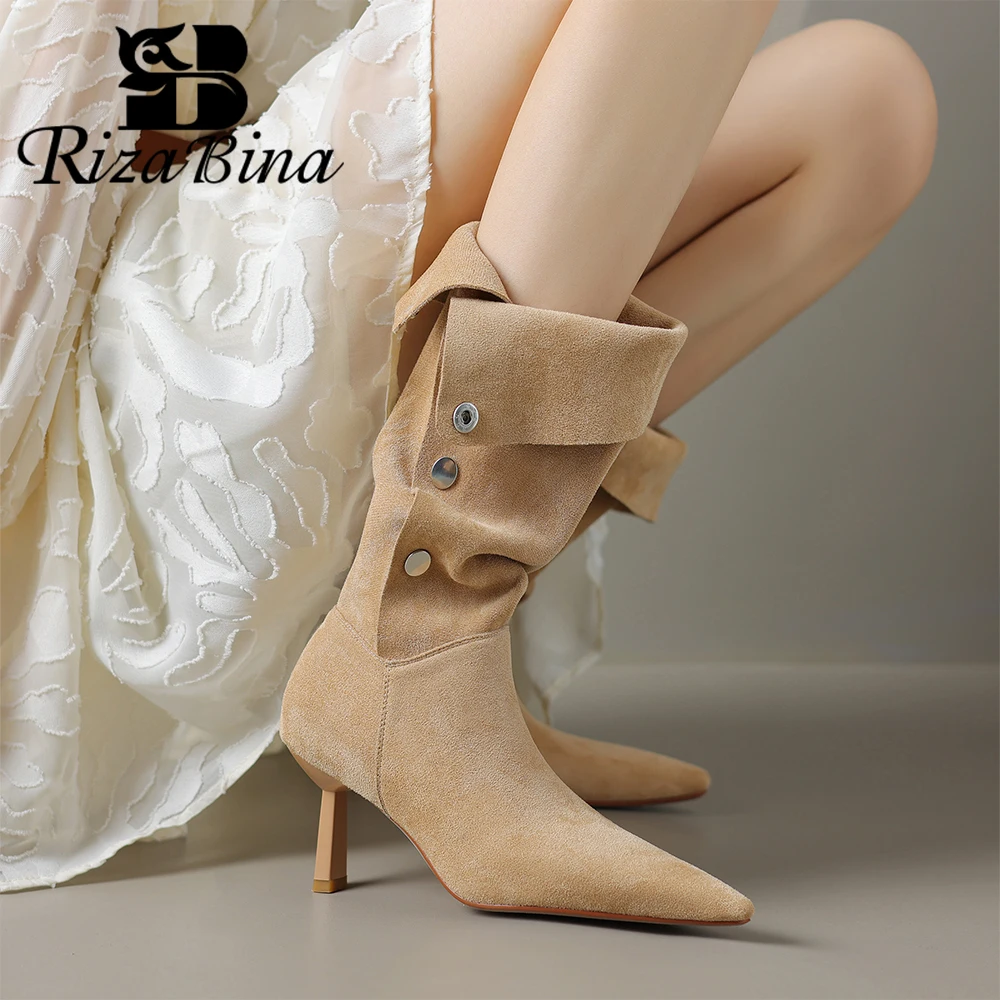 

RIZABINA Women Knee High Boots Sexy Pointed-toe Thin High Heels Mid Calf Boot Slip On 2023 Winter Frosted Button Knight Boots