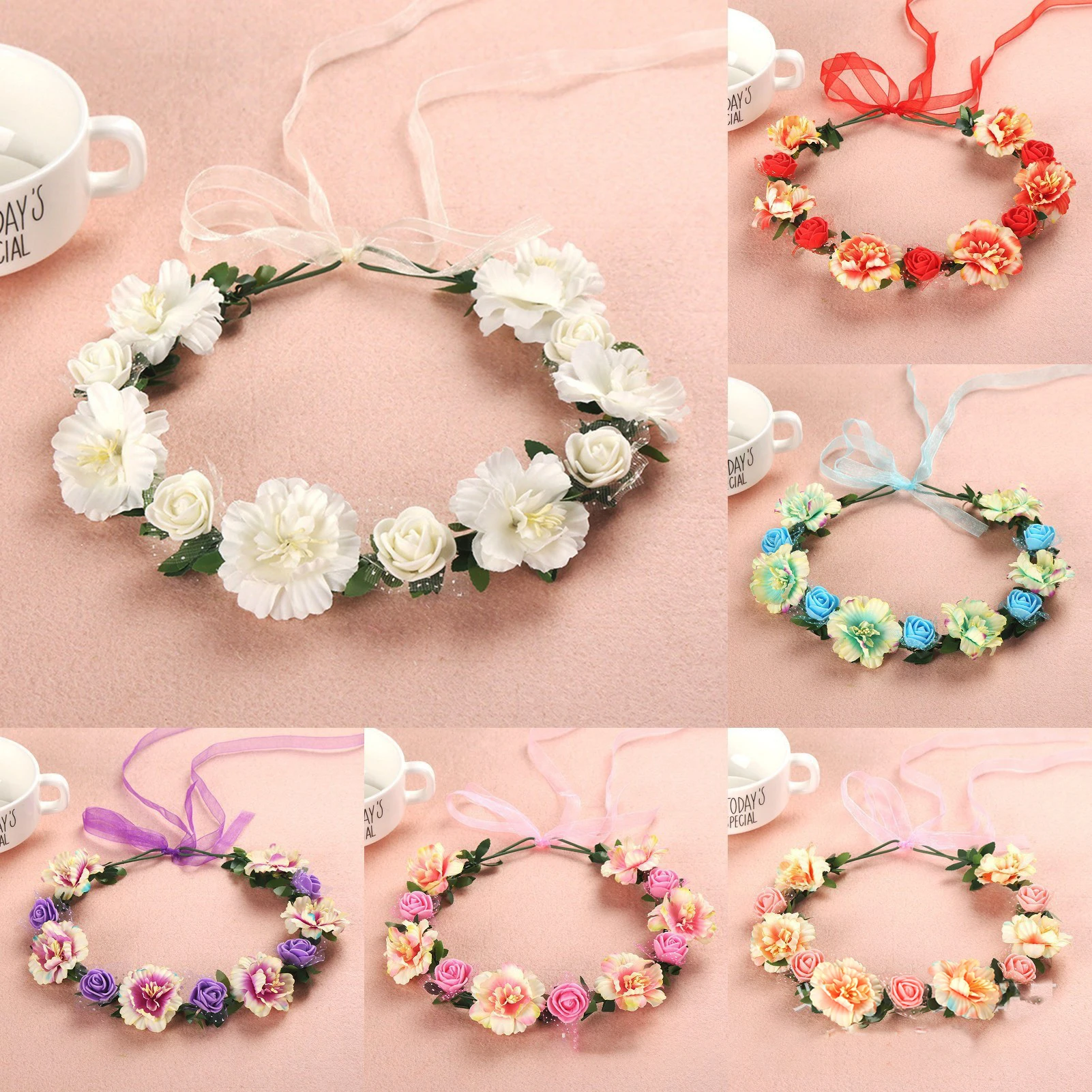 

New Floral Wreath Adjustable Ribbon Flowers Leaves Headbands Girls Flower Crown Bridal Halo Bohemia Garland Children Headpiece