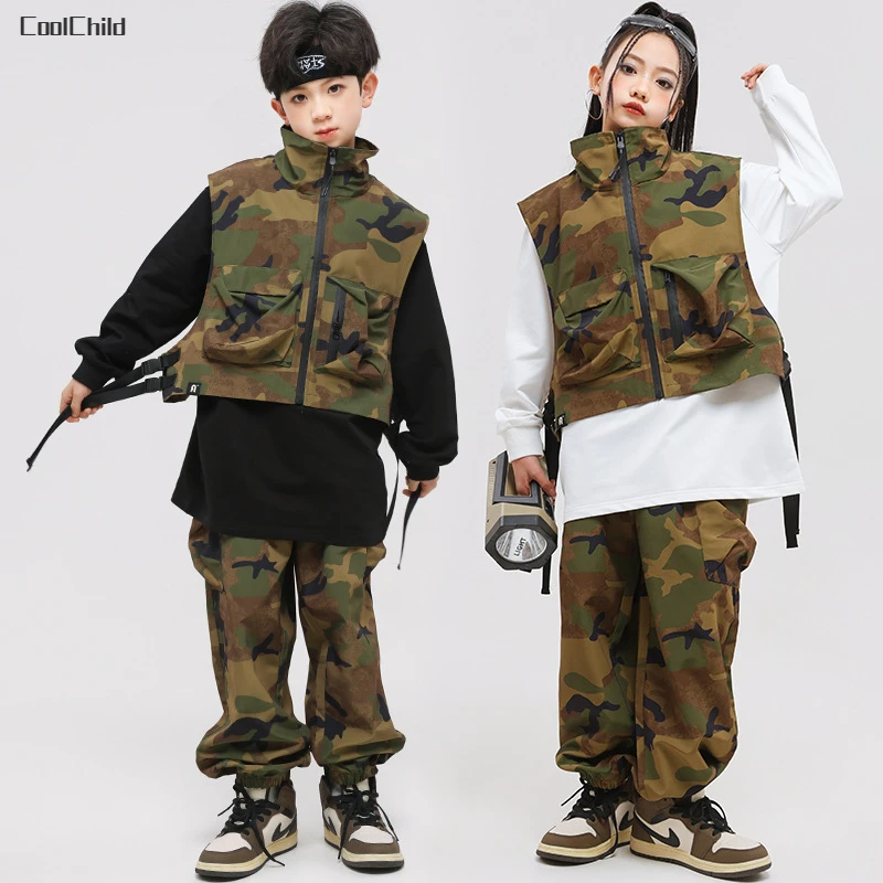 

Boys Streetwear Girls Hip Hop Camouflage Vest Cargo Pants Children Military Jazz Clothes Sets Kids Street Dance Costumes Outfits