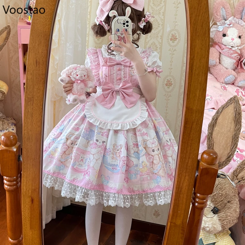 

Japanese Style Sweet Lolita Jsk Dress Women Cute Rabbit Bear Print Lace Ruffles Apron Sleeveless Dress Girl Tea Party Mini Dress