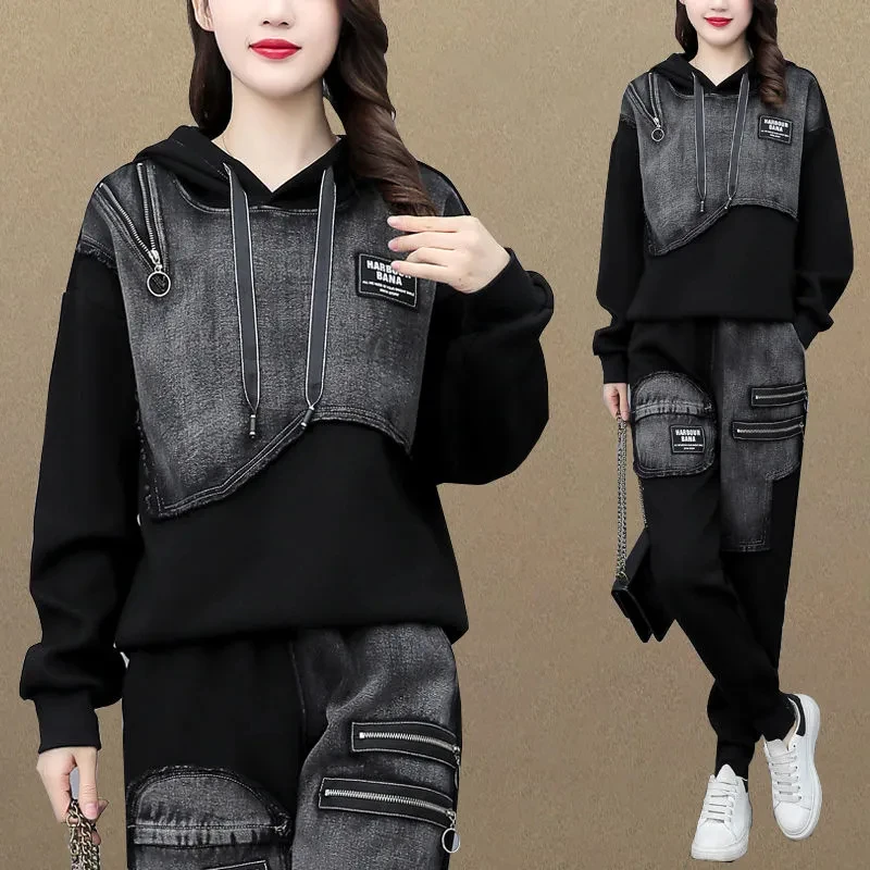Spring Autumn Suits Women 2023 New Denim Hoodie Two-Piece Suit Fashion Patchwork Denim Jacket Trousers Hooded Top Jeans Female
Spring Autumn Suits Women 2023 New Denim Hoodie Two-Piece Suit Fashion Patchwork Denim Jacket Trousers Hooded Top Jeans Female