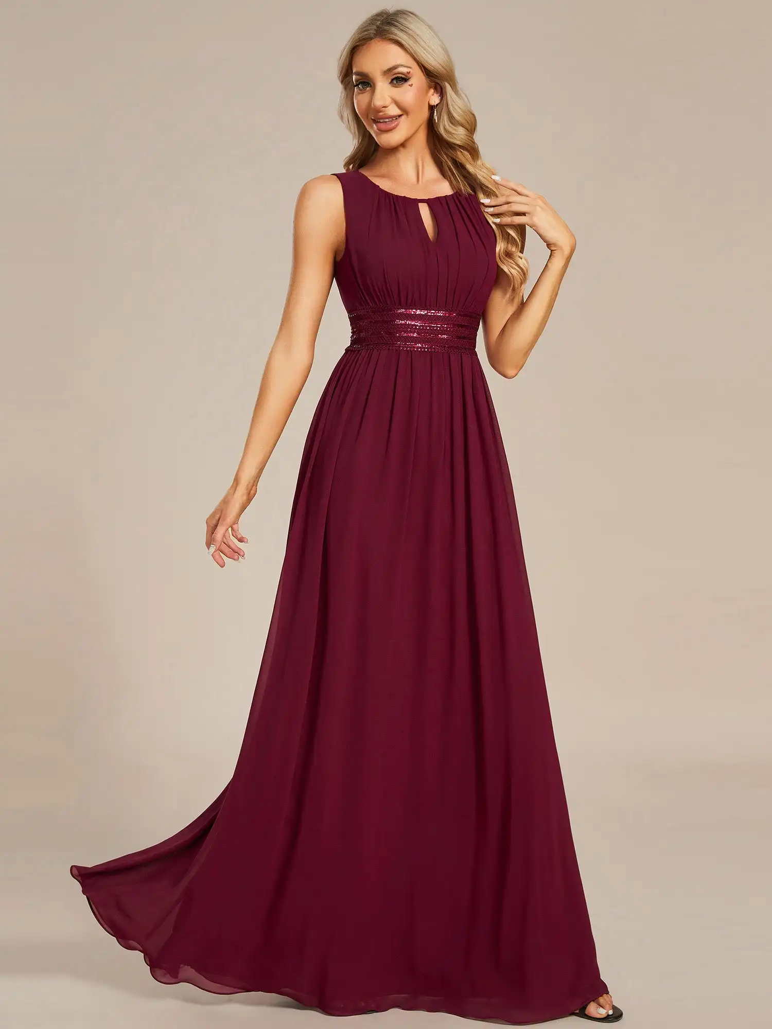 

Elegant Evening Dresses Simple Sleeveless with Hollow Out Detail 2024 Ever pretty of A-line Chiffon Burgundy Bridesmaid Dress