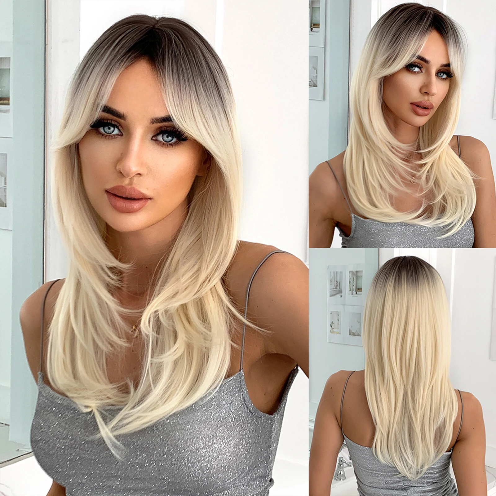 

HENRY MARGU Ombre Brown Blonde Layered Synthetic Wigs for White Women Long Natural Straight Wigs with Bangs Heat Resistant
