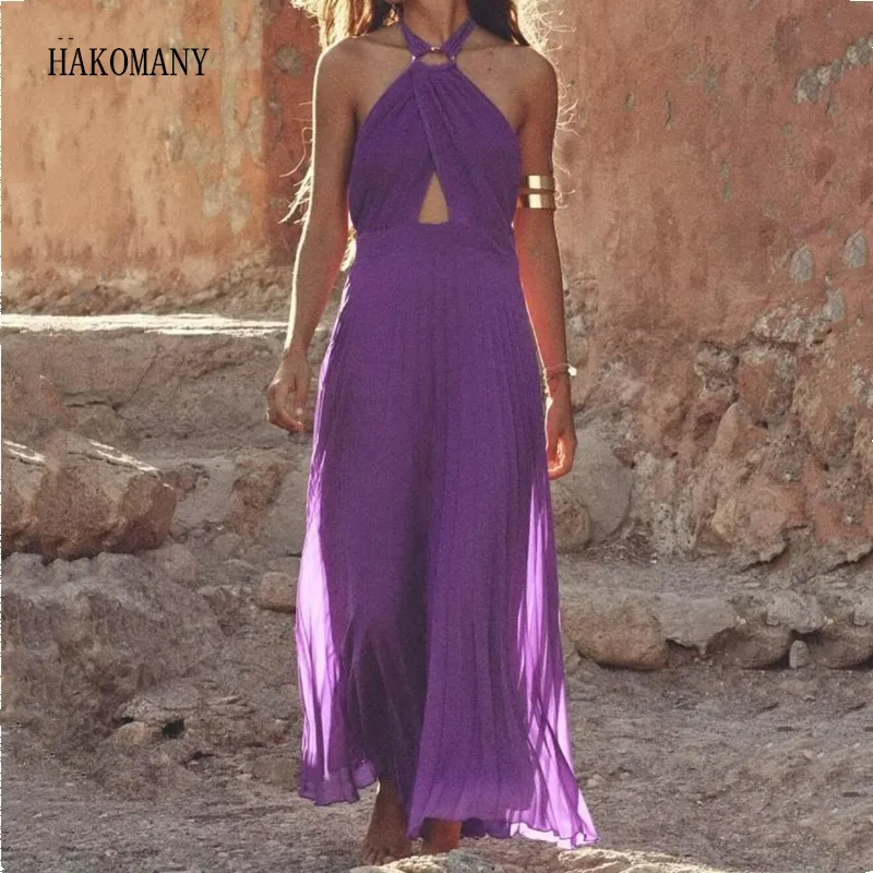 Women Front Hollw Out Pleated Swing Party Robe Women Purple Metal Circle Bow Halter Collar Backless Tank Long Dress
Women Front Hollw Out Pleated Swing Party Robe Women Purple Metal Circle Bow Halter Collar Backless Tank Long Dress