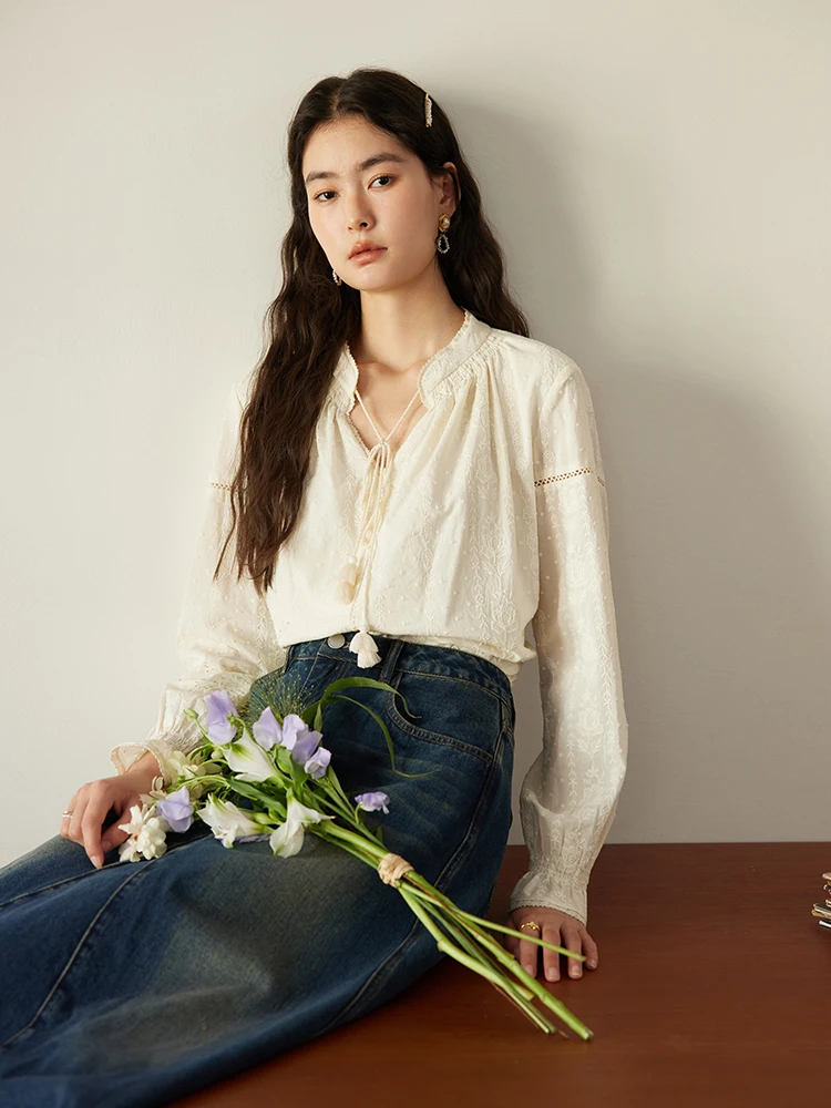 

DUSHU Sweet Casual Tassel Embroidered Shirt 100% Cotton Milk Apricot Color Female Lace-Up Collar Long Sleeve Blouse 24DS81169