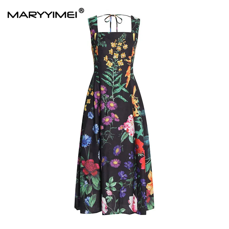 

MARYYIMEI Bohemian Summer Women Dress Runway Fashion Spaghetti Strap Colorful Flower Print Beading Crystal Black Long Party