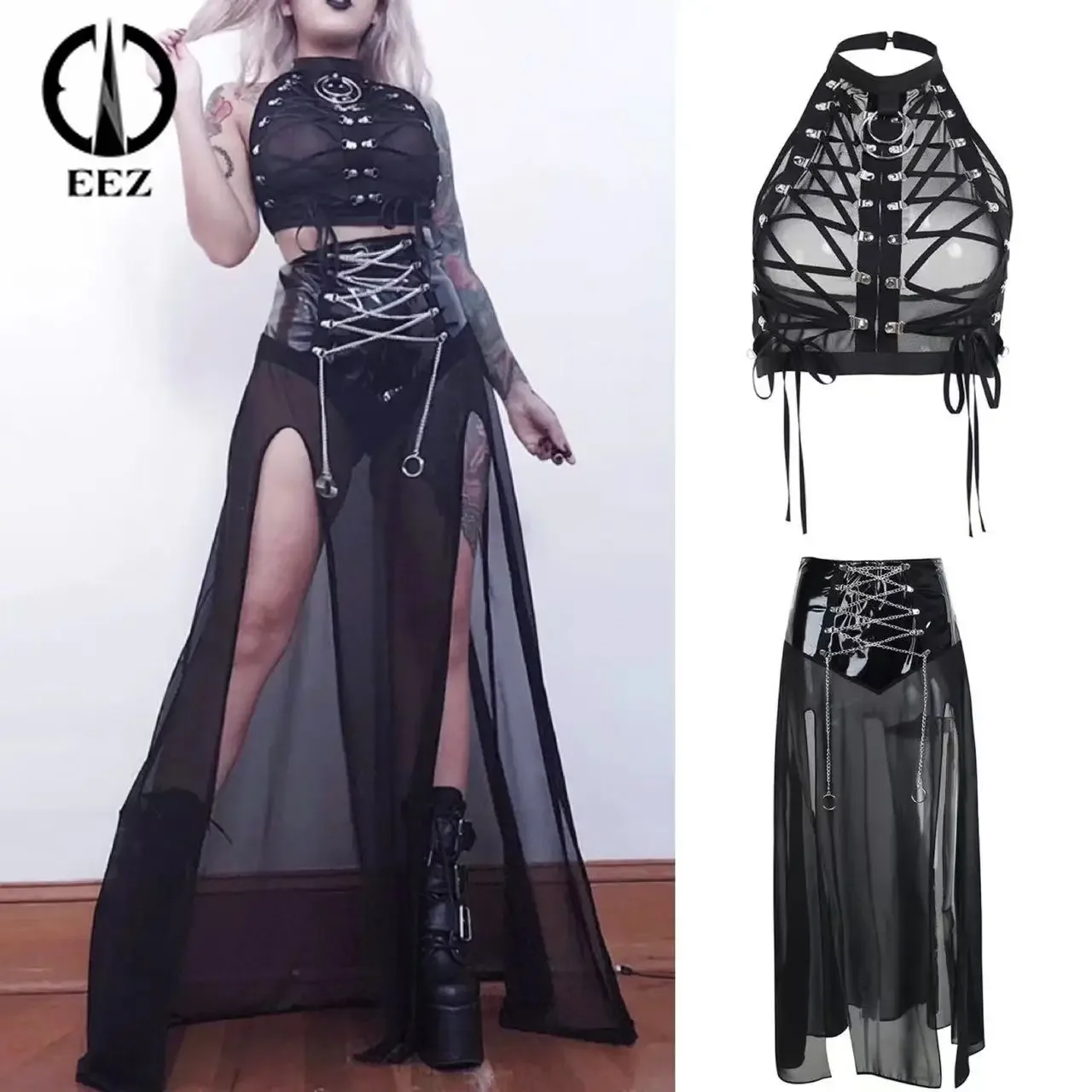 

【Zipper Back】Patent Leather Chain Crisscross Lace Up Black Split Skirt Women See-through Halter Corset Coquette Mesh Crop Tops