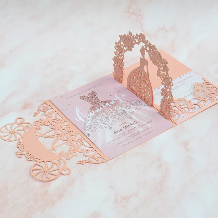 Pocket Fold Quinceanera Party Laser Cut Carriage Cinderella 3D Pop Up Birthday Invitation
Pocket Fold Quinceanera Party Laser Cut Carriage Cinderella 3D Pop Up Birthday Invitation