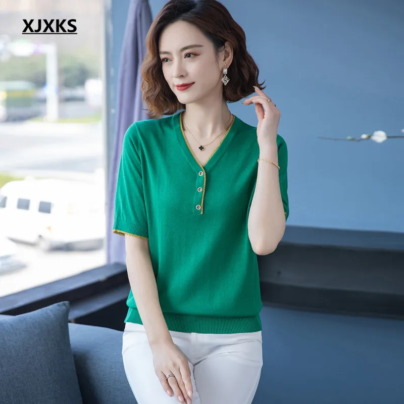 XJXKS Fashion V-neck Women's T-shirt 2022 Summer New Loose Large Size Casual Round Neck Short-sleeved Top
XJXKS Fashion V-neck Women's T-shirt 2022 Summer New Loose Large Size Casual Round Neck Short-sleeved Top