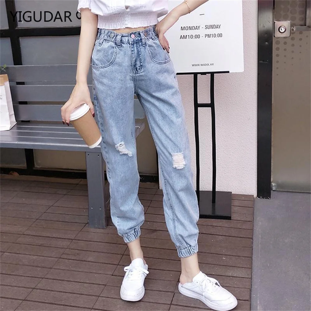 

2022 New Women Fashion Mid Waist Boyfriend Big Ripped Hole Jeans Casual High Street Denim Pants Sexy Vintage Pencil Calca Jeans