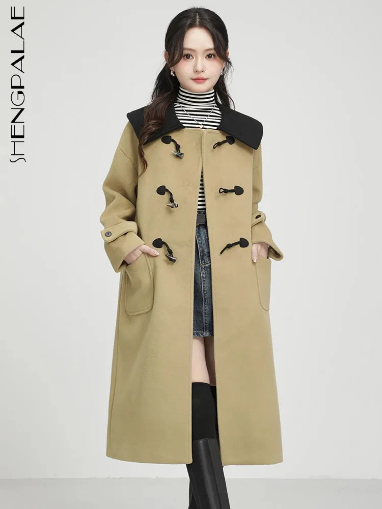 

SHENGPALAE Fashion Women Woolen Coat Contrast Color Lapel Spliced Horn Button Straight Loose Blends Jacket Winter 2023 New R8005