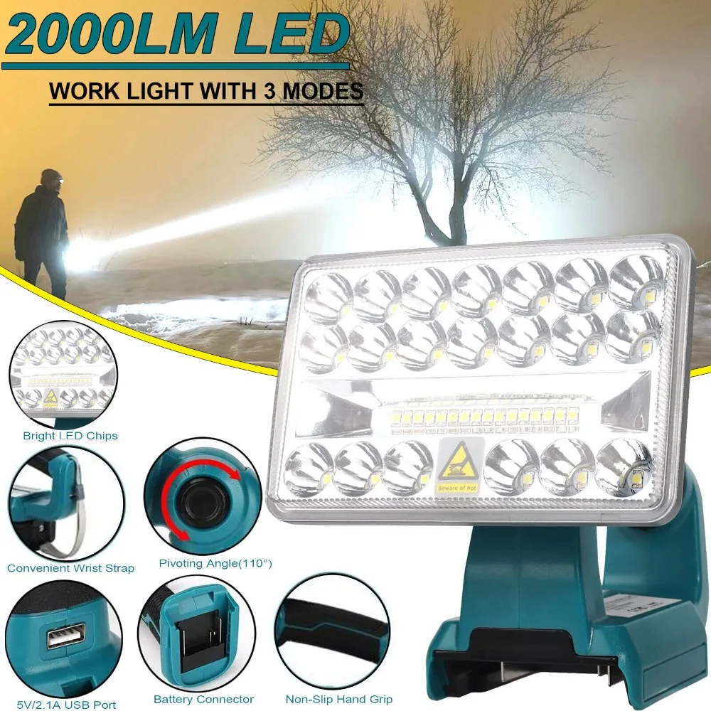 

18W 2000LM Cordless LED Work Light For Makita 14.4V-18V Lithium Battery Jobsite Lighting Spotlight FloodLight with 5V 2.1A USB