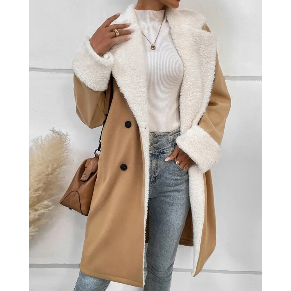 

Winter Teddy Double Breasted Fluffy Coat for Femme Casual Turn-down Collar Colorblock Long Sleeve Peacoat Women Charm Outwear