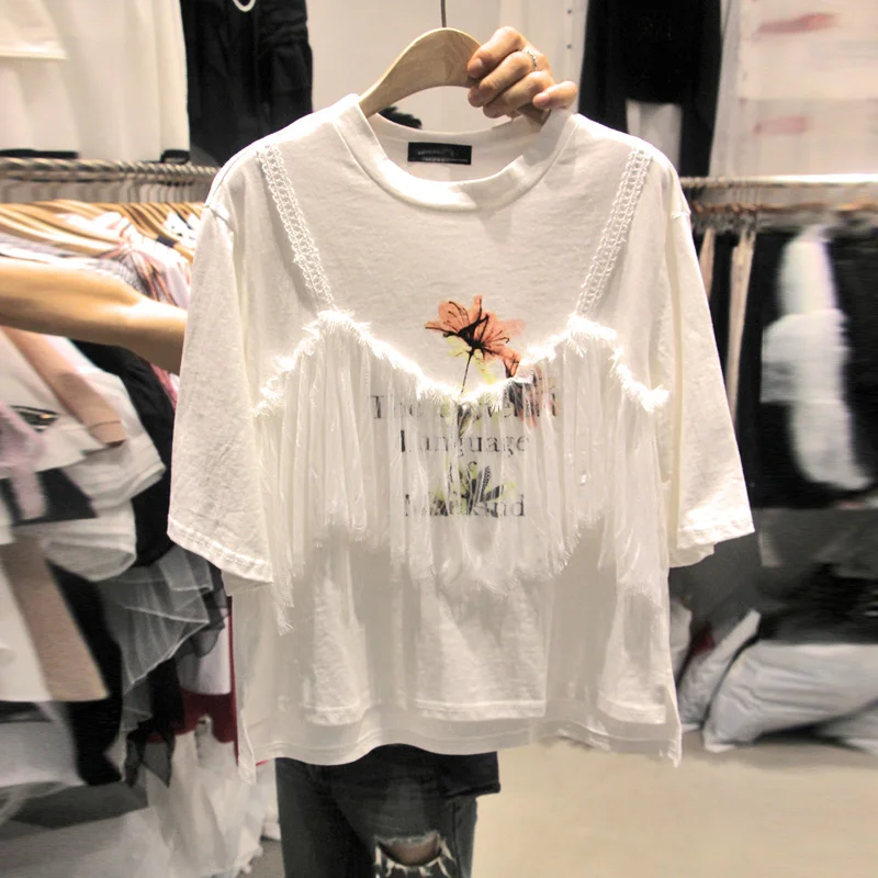 2023 Summer New Korean Fashion Style Tees O Neck Loose Casual High Street Chic Tops Lace Patchwork Fake Two Piece Women T-shirts
2023 Summer New Korean Fashion Style Tees O Neck Loose Casual High Street Chic Tops Lace Patchwork Fake Two Piece Women T-shirts