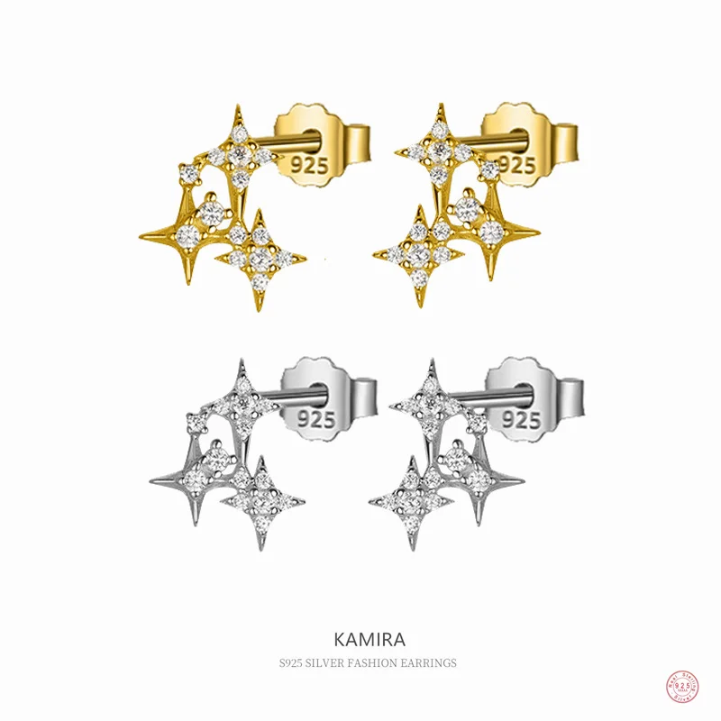 

KAMIRA Real 925 Sterling Silver Vintage Simple Shiny Star Zircon Stud Earrings for Women Party Romantic Unique Fine Jewelry Gift