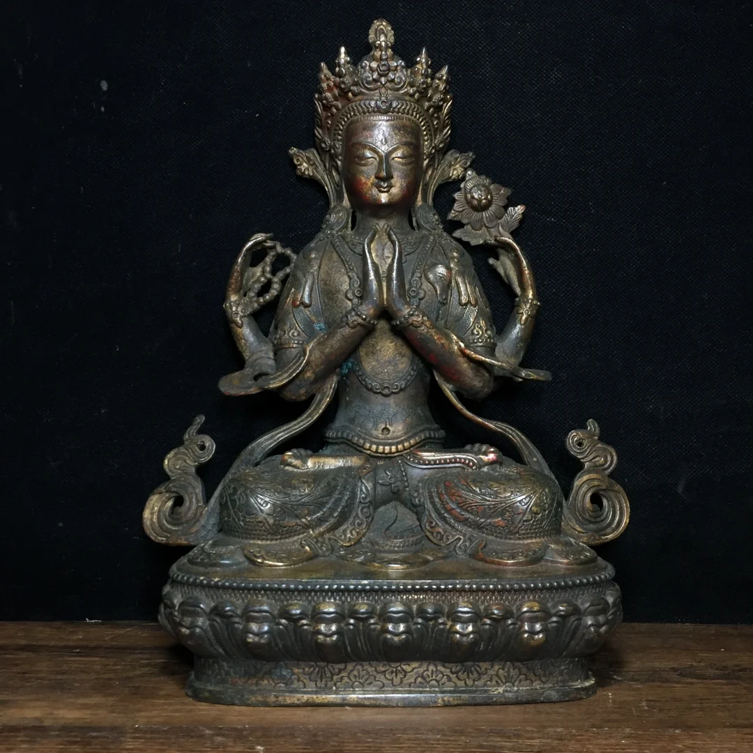 12"Tibet Temple Collection Old Bronze Cinnabar Mud gold Four Arm Guanyin Lotus Terrace Sitting Buddha Worship Hall
12"Tibet Temple Collection Old Bronze Cinnabar Mud gold Four Arm Guanyin Lotus Terrace Sitting Buddha Worship Hall