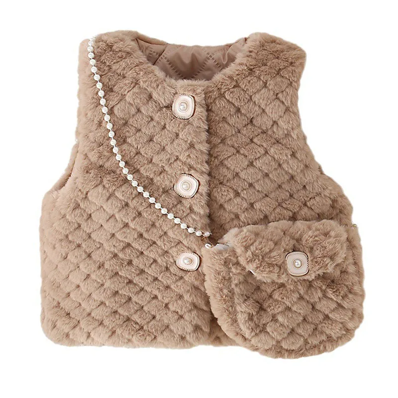 

2024 Girls Vests 1-4 Years Old Children Clothing For Baby Girls Warm Outerwear Coat Spring Fashion Kids Fur Vest And Bag