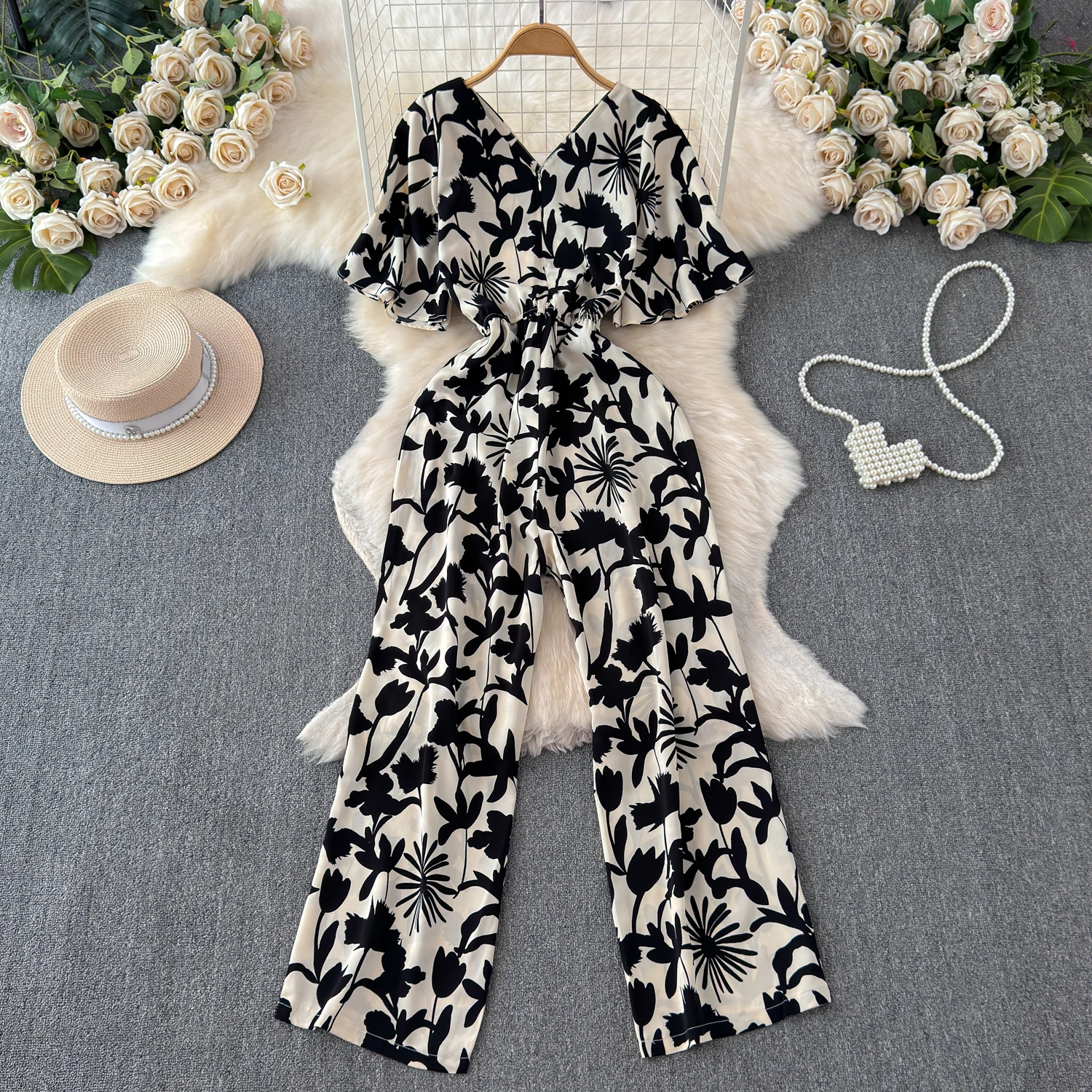 

Summer Work Office Lady Playsuit Sexy V-neck Flared Sleeves Print Jumpsuit Fashionable High Waisted Wide Leg Long Pants