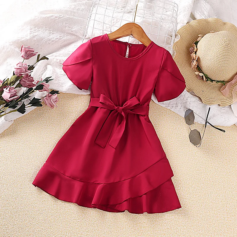 

2023 Summer New Arrival Girls Short Puff Sleeve O Neck Sashes Ruffles Red Roupa Infantil Menina Cute Party Dress Custume 4-7T