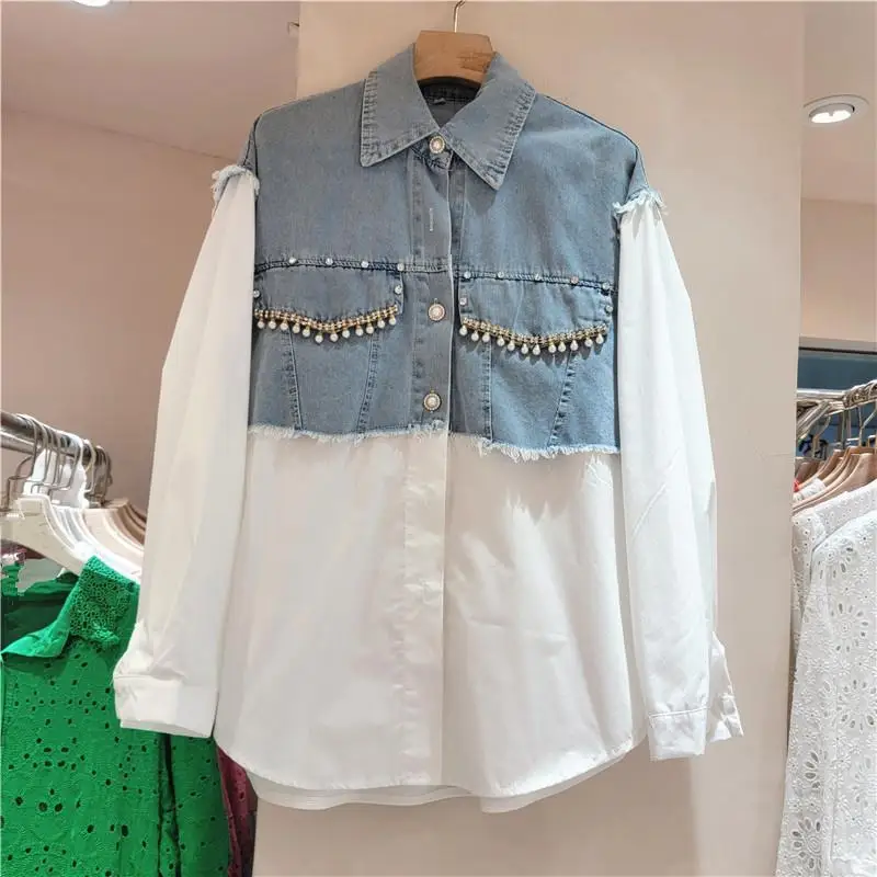 Spring Autumn Retro Diamonds Beaded Denim Spliced Shirts Coat Long Sleeve Pearls Beaded Jeans Patchwork Blouses Cardigan Tops
Spring Autumn Retro Diamonds Beaded Denim Spliced Shirts Coat Long Sleeve Pearls Beaded Jeans Patchwork Blouses Cardigan Tops