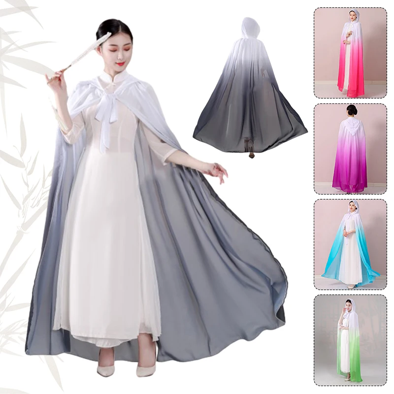 

Chinese Traditional Hanfu Cloak Gradient Color Chiffon Martial Art Hanfu Travel Photo Shawl Hooded Cape Carnival Cosplay Costume