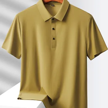 A Polo Perfeita para o Verão: Camiseta Casual de Manga Curta com Textura Waffle 7 2024 Summer New High-End Mesh Ice Silk Short-Sleeved T-Shirt Men's Shirt Collar Purple Khaki Green Solid Color Slip Polo