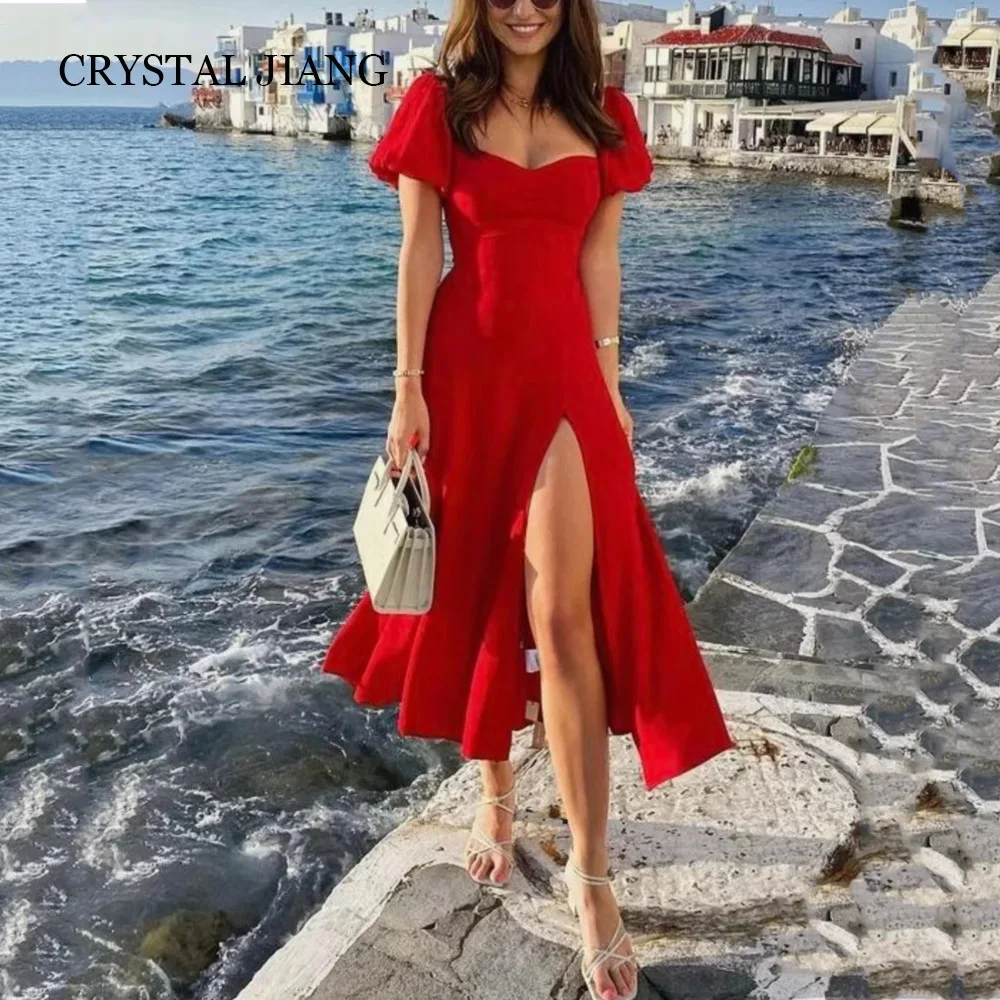 

Женское винтажное атласное платье, короткое красное вечернее платье с квадратным вырезом, коротким рукавом и разрезом, а-силуэт, длиной ниже колена