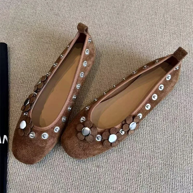 Brown Metal Button Flower Decoration Ballet Flats women Faux Suede Design Loafers Elegant Comfortable Mary Jane Shoes for Women 26 S7e2b4c0e45af4ace8908b0d3ad367521S