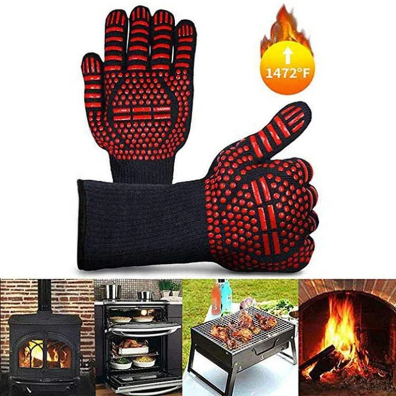 

1 Pair Anti-scald Gloves Heat Glove Resistant BBQ Oven Gloves Kitchen Fireproof Barbecue Gloves Anti-slip Gloves For Cooking