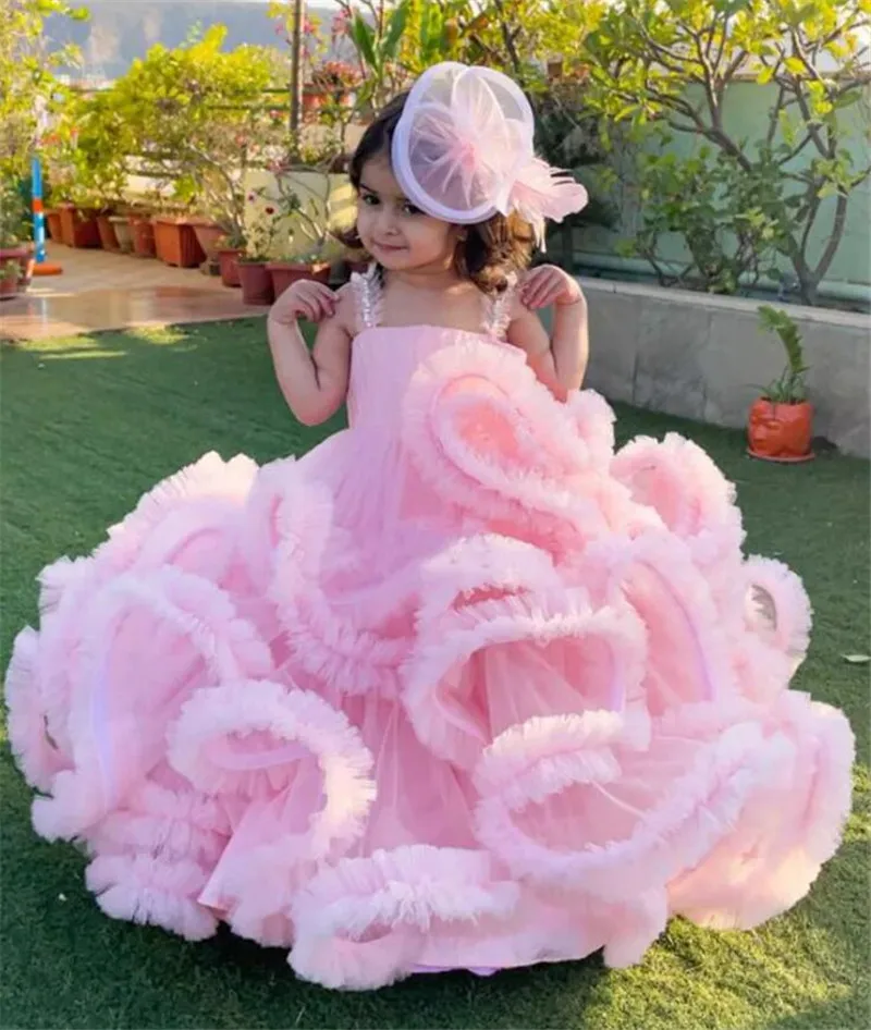 

Розовое Бальное Платье с цветами, платья для девочек, многослойные фатиновые ПУШИСТЫЕ платья принцессы на день рождения, платье для первого причастия
