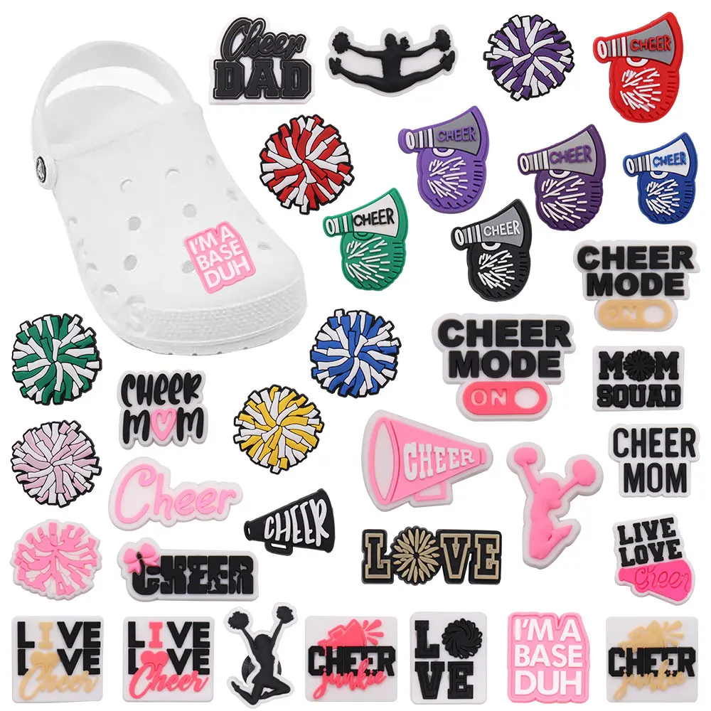 

Sell Retail 1pcs PVC Shoe Charms Pink English Slogan Cheer Balls Accessories Shoes Buckles For Croc Jibz Kids Party Present