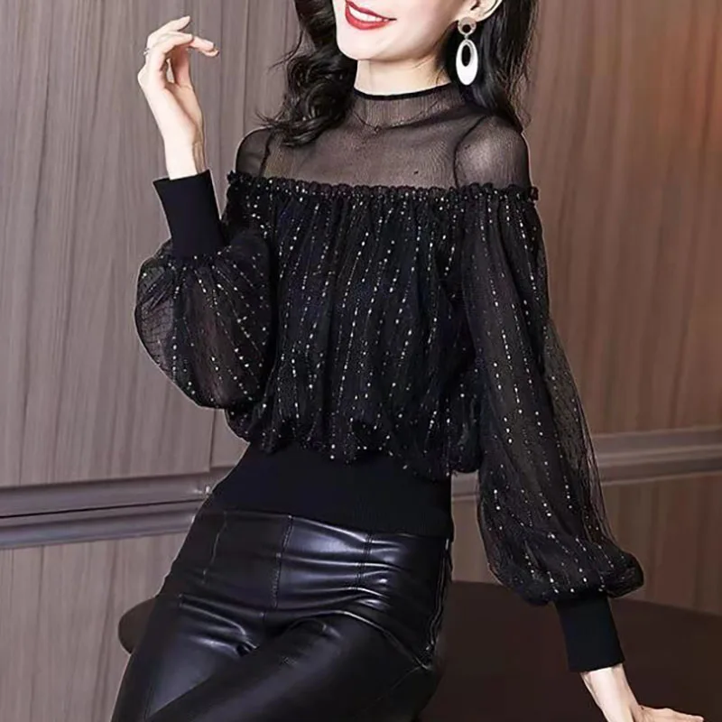 

Elegant Beading Bright Silk Spliced Gauze T-Shirt Women's Clothing 2023 Autumn Winter Loose Korean Tops Lantern Sleeve Tee Shirt