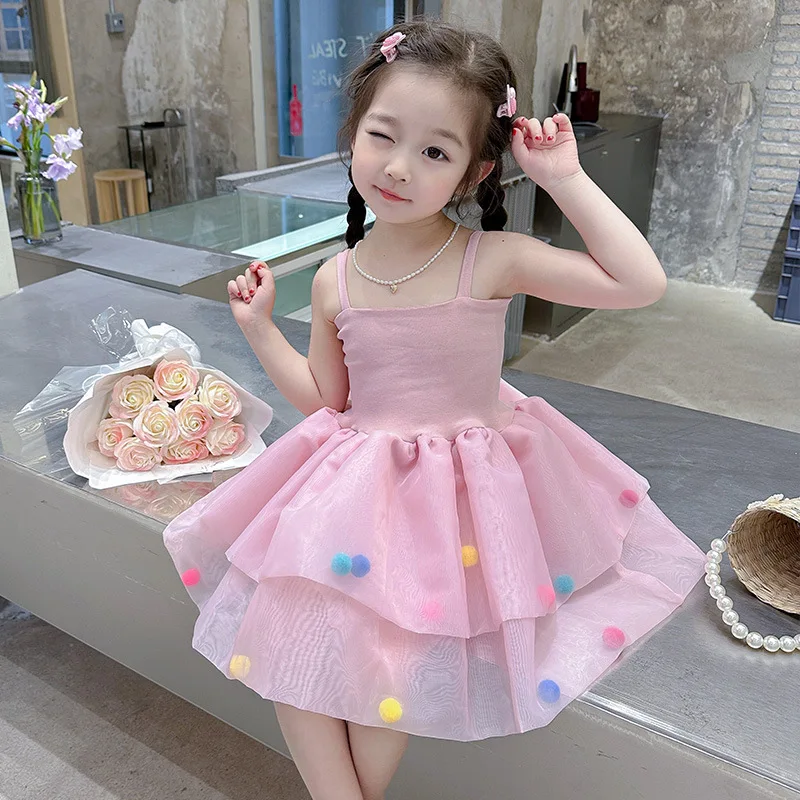 

2024 Summer Children Girls Sling Dress Cotton Rainbow Ball Toddler Girls Dres New Babys Girls Stulle Spliced Cake Princess Dress