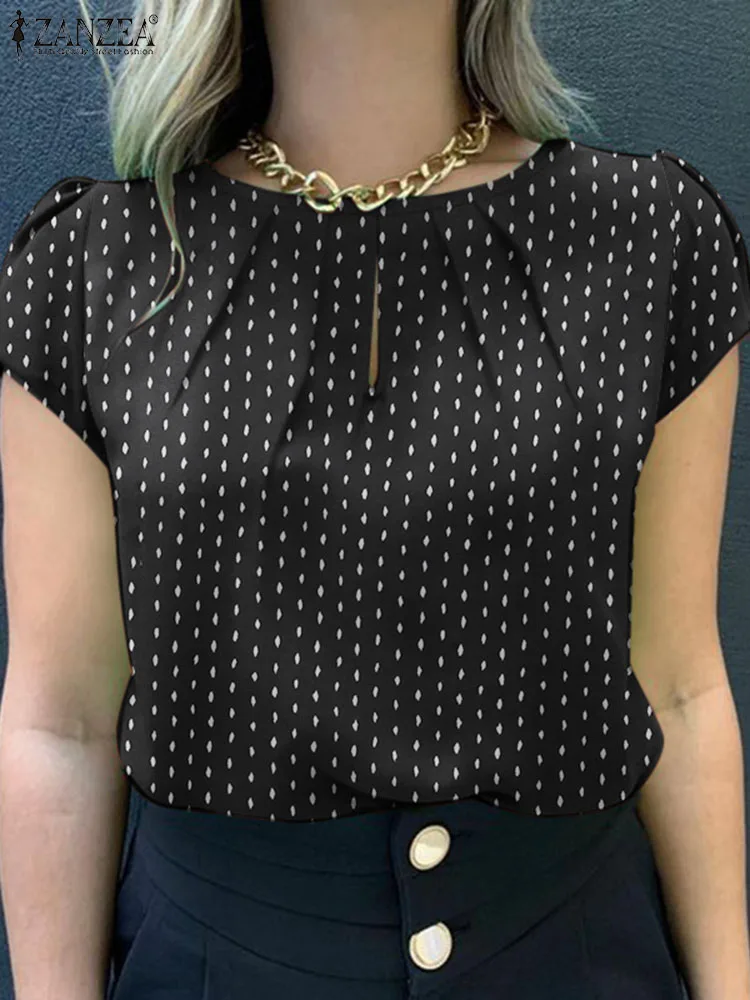 

Women Vintage Shirt Fashion Casual Holiday Work Tops Tunic Female Blusas ZANZEA Summer Short Sleeve Polka Dot Printed Blouse