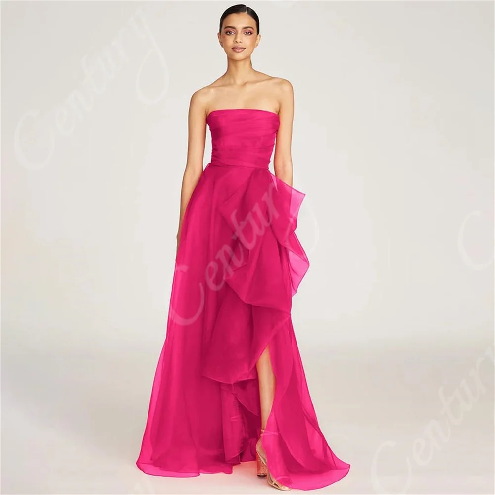 

Sexy Strapless Corest Women's Prom Dress High Slit A Line Celebrity Dresses Evening Dress Tulle Ruched Pleated Formal Party Gown