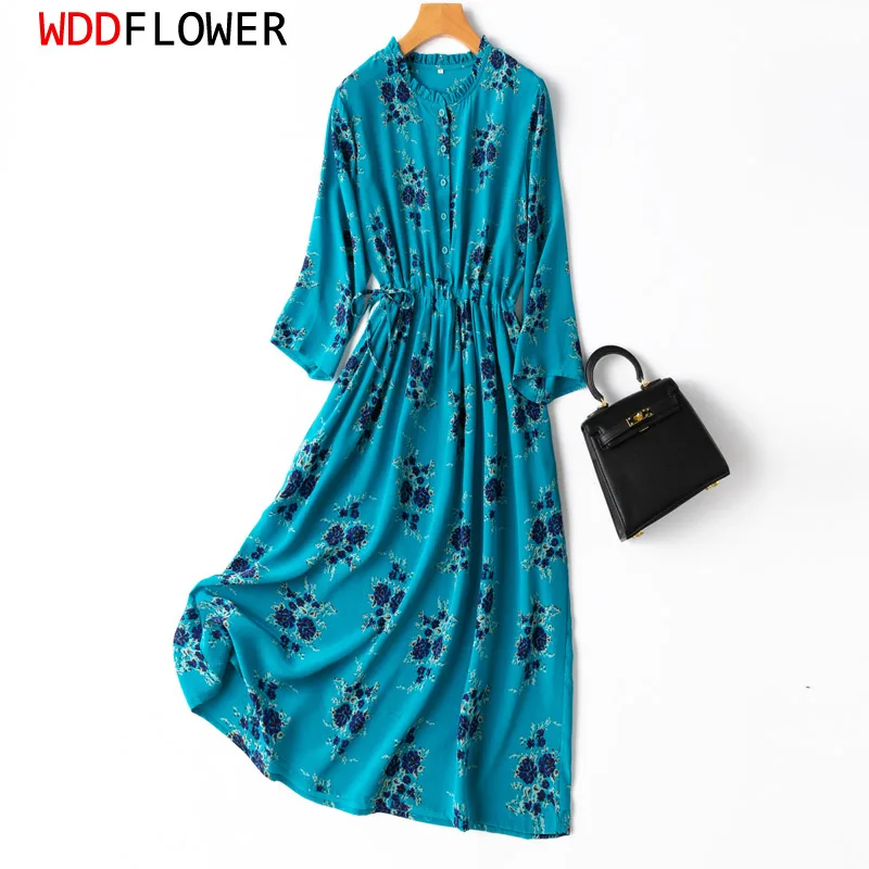 

Women Silk Midi Dress 100% Mulberry Crepe Silk Peacock Blue Flower Printed Pleated Crew Neck Belted Waist Long Dress MM517