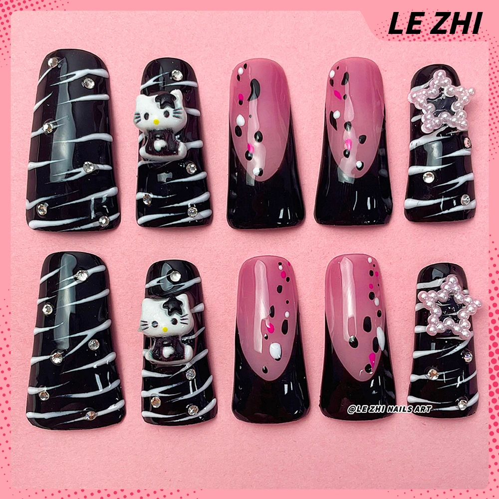 10pcs Black Zebra Print Hand Painted Diamond Hello Kitty Fake Nails Duck Web French Five-pointed Star You Can Reuse Your Nails
10pcs Black Zebra Print Hand Painted Diamond Hello Kitty Fake Nails Duck Web French Five-pointed Star You Can Reuse Your Nails