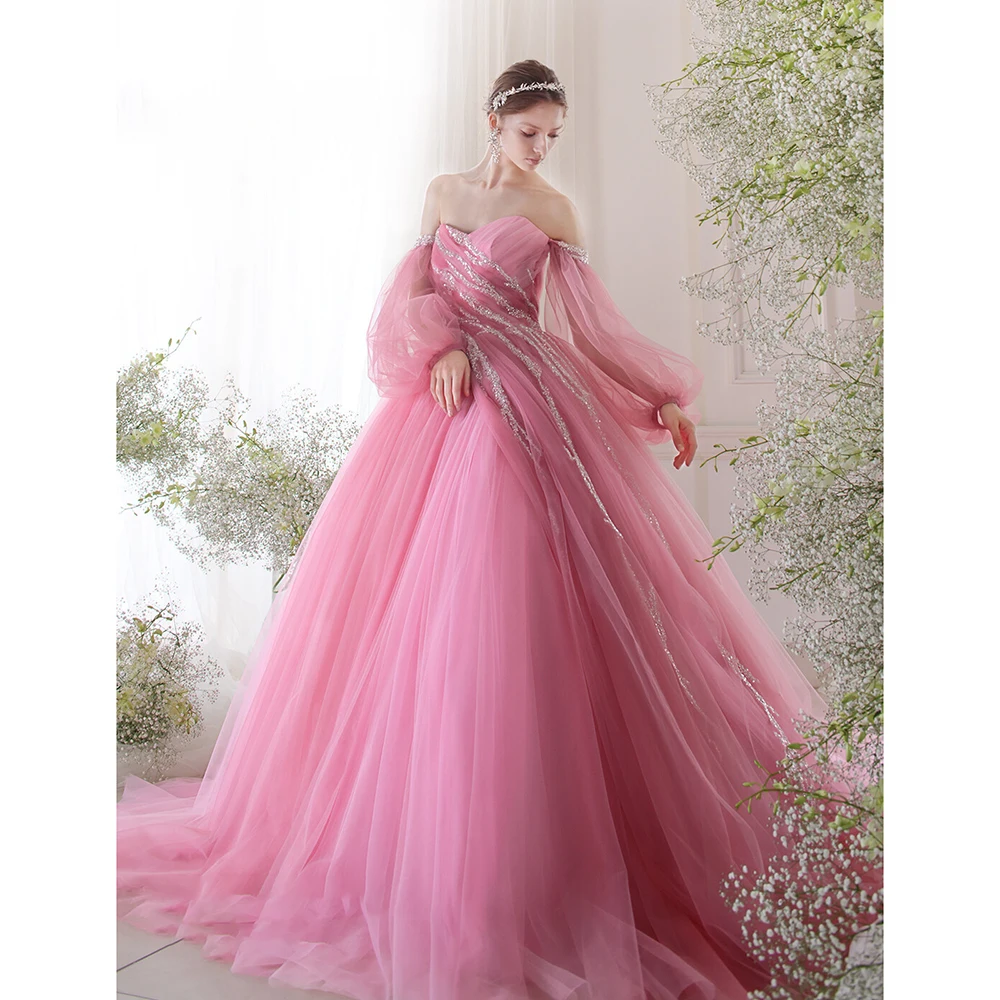 

Gorgeous Sweetheart Puff Sleeves Party Dress Fashion Sequined A-Line Gowns Elegant Floor Length Sweep Train Prom Evening Dress