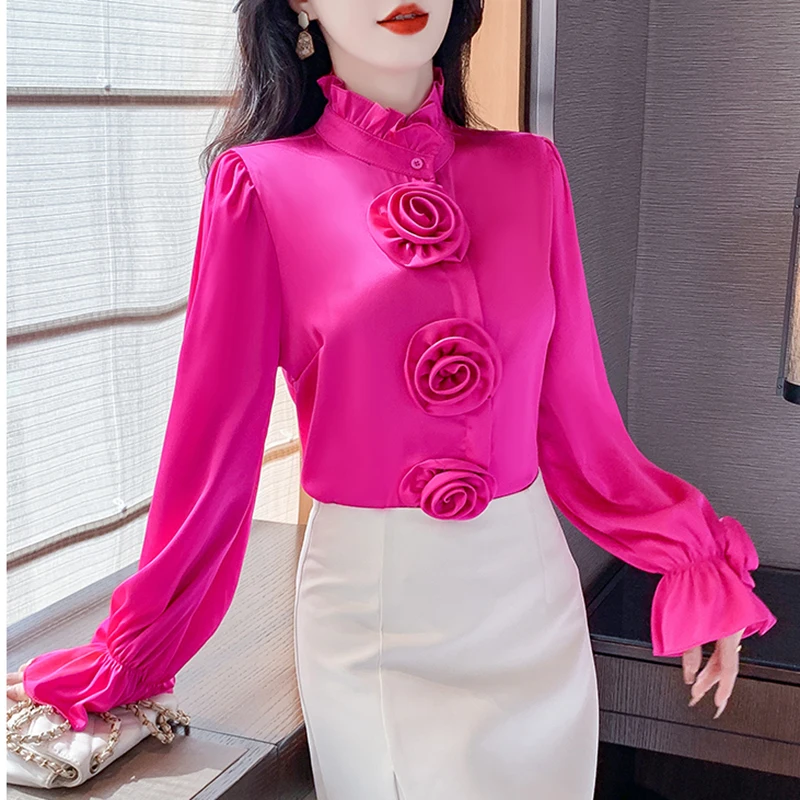 

Women's Floral Satin Shirts and Blouses Long Sleeve Blouses Female Tops Ruffled Collar 3D Fashion Office Lady Party Spring New