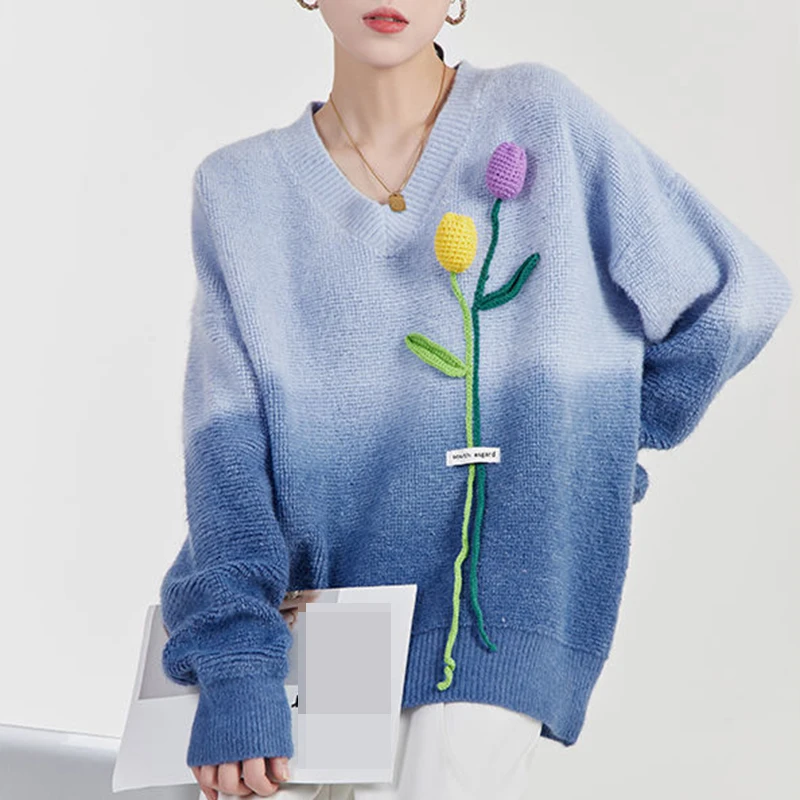 

DAYIFUN-Three-Dimensional Flower V-Neck Twist Gradient Color Knitted Pullovers for Lady Loose Long Sleeve Tops Vintage Jumpers