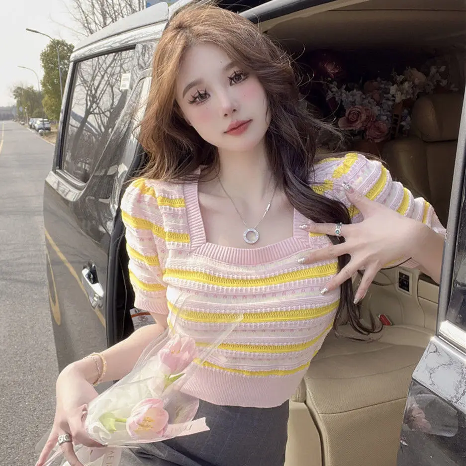 Sweet Chic Striped Knitted Short Sleeve T-Shirt Floral Neckline Women's Summer 2024 Square Collar Aesthetic Pink Blue Crop Tops
Sweet Chic Striped Knitted Short Sleeve T-Shirt Floral Neckline Women's Summer 2024 Square Collar Aesthetic Pink Blue Crop Tops