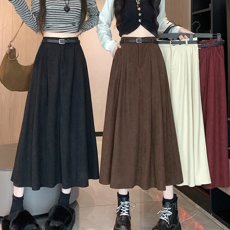 Vintage Corduroy Pleated Skirt with Belt Female Autumn Winter Chic A-line Long Skirt Female Elegant Elastic High Waist Faldas
Vintage Corduroy Pleated Skirt with Belt Female Autumn Winter Chic A-line Long Skirt Female Elegant Elastic High Waist Faldas