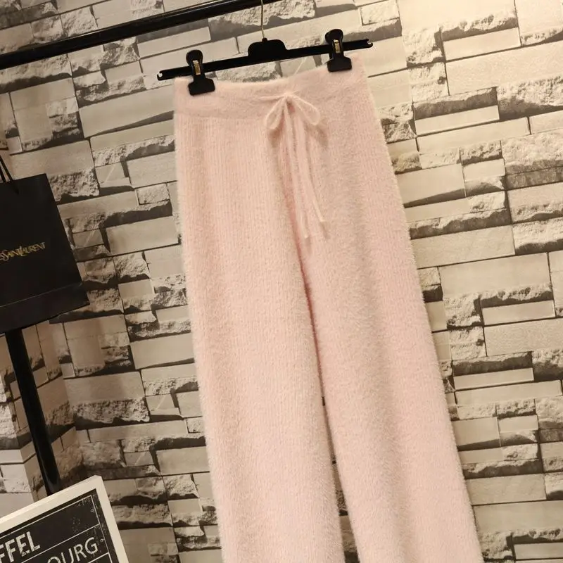 

2023 Autumn Winter Solid Color Casual Loose and Warm Women Clothing Wear Simplicity High Waist Lacing Up Knitted Straight