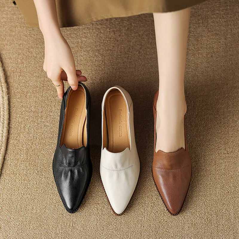 

Женские элегантные офисные туфли Phoentin размера плюс 42, женские туфли на среднем каблуке с острым носком, черные туфли-лодочки из 2024 натуральной кожи в стиле ретро FT3440